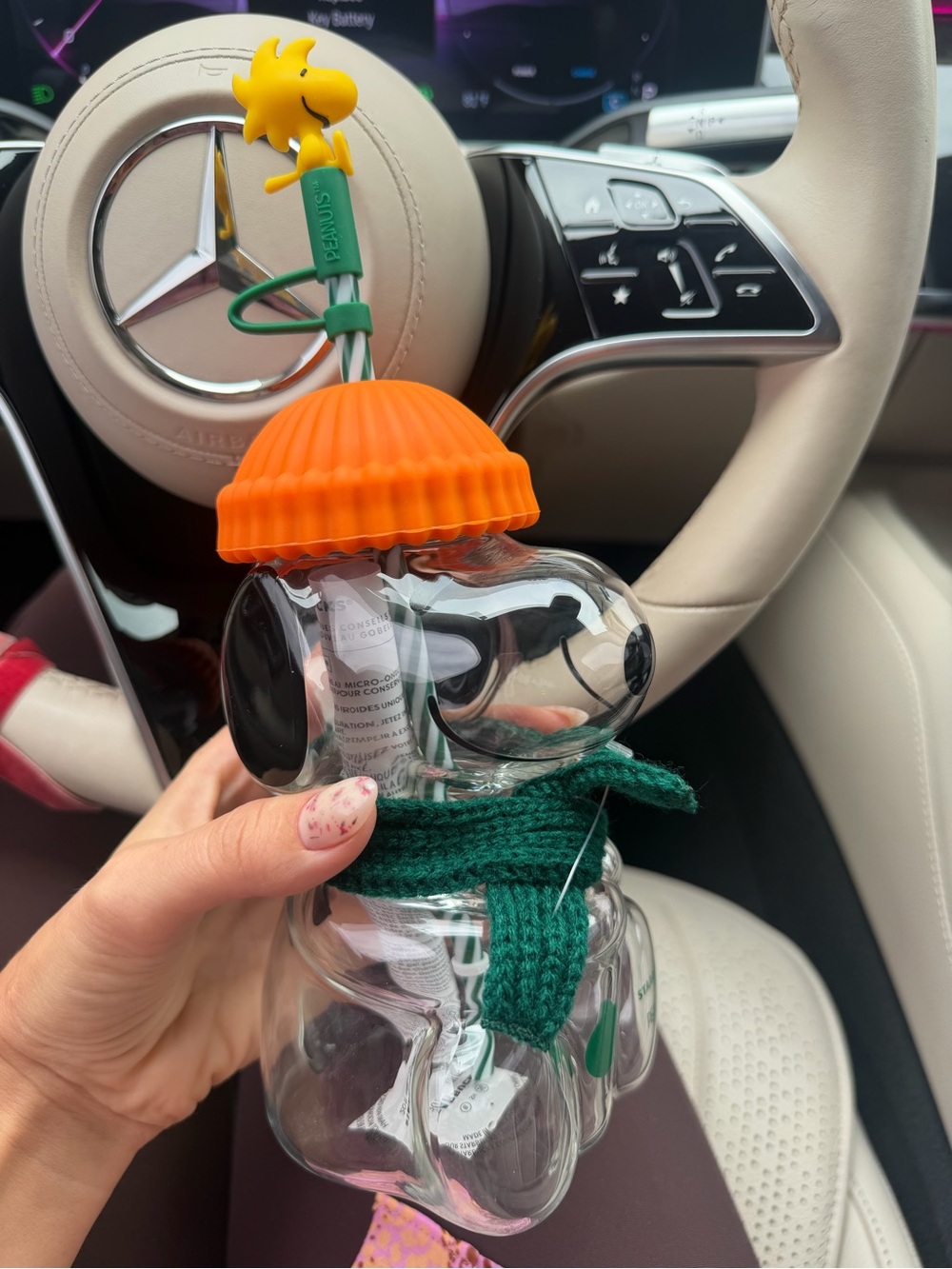 Peanuts Snoopy Clear Bottle with Orange Hat and Green Scarf Starbucks glass cup